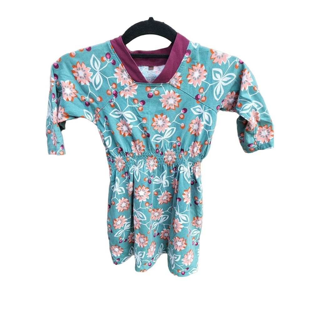 Tea Dress 6 Little Girls Knee Length V Neck Long Sleeve Pullover Green Floral